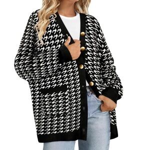 Black and White Houndstooth Women's Cardigan Sweater Large NWT